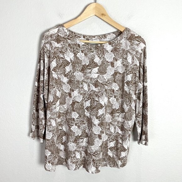 J Jill Womens Large Tan Linen Blend Shirt Seashell Print Top 3/4 Sleeve - Picture 5 of 12